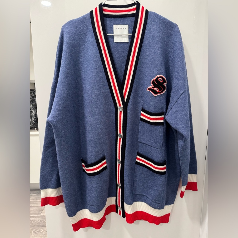 Sandro Blue Cardigan Sweater with Striped Accents